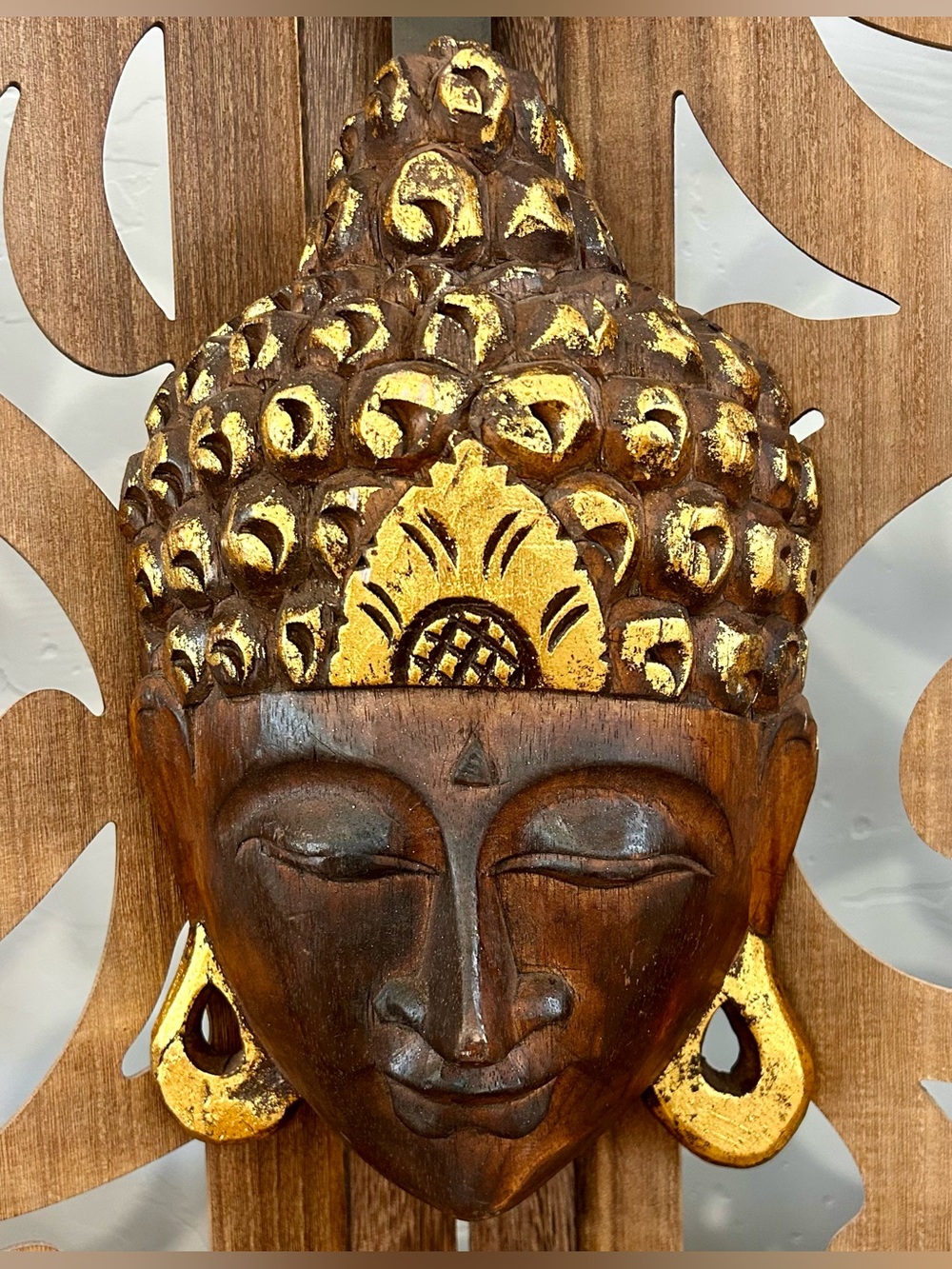 Hand Carved Wooden Buddha Head Wall Mask Gold Leaf Bali Boho Decor